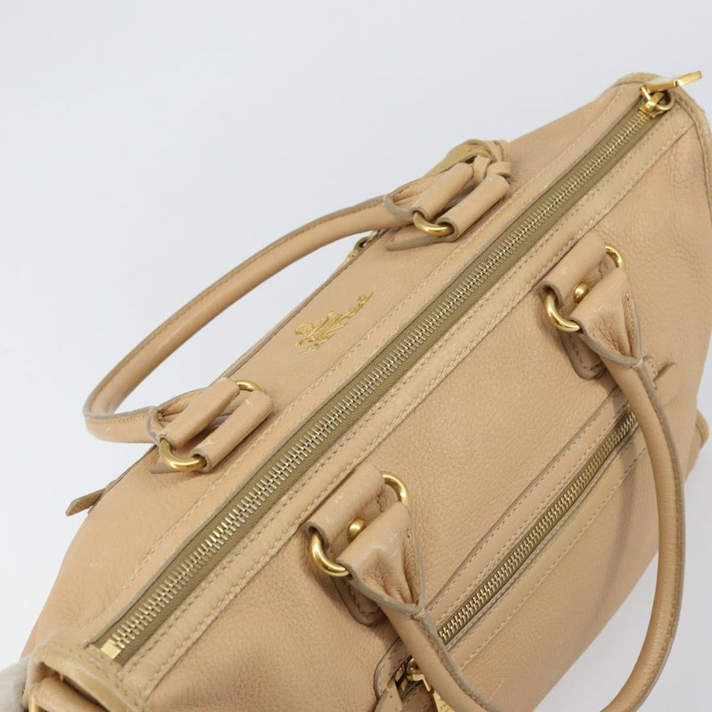 Prada Front Zip Convertible Satchel Cervo Leather Beige Leather Handbag