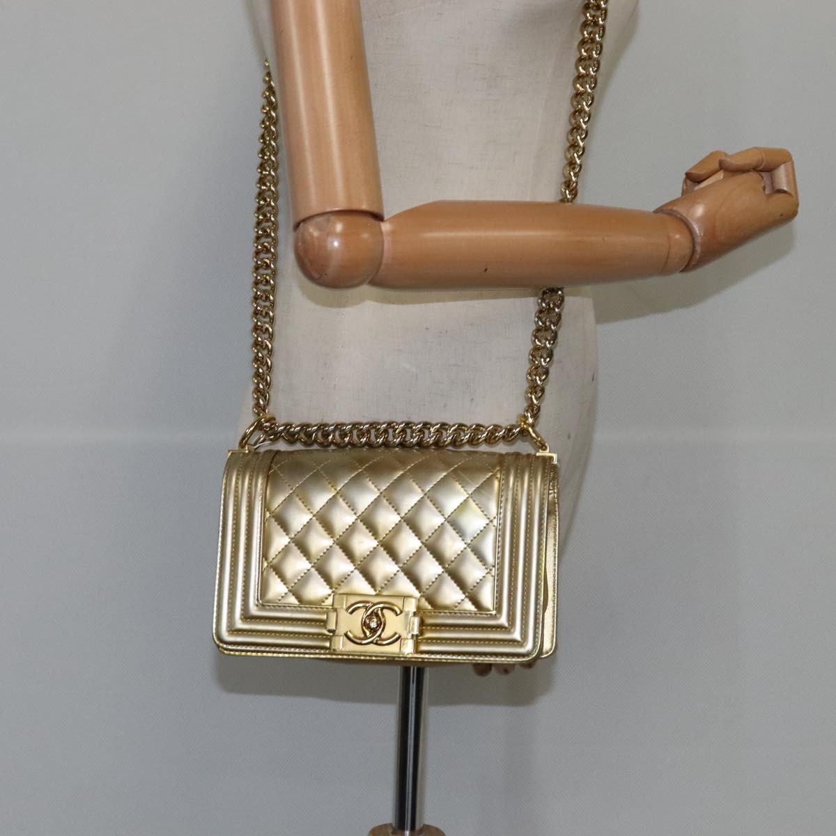 Chanel Boy Flap Bag Quilted Patent Gold Patent_Leather Shoulder Bag Bag
