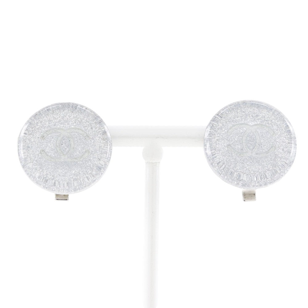 Chanel Cc Round Clip-On Earrings Glitter Resin Silver Plastic Earrings Jewelry