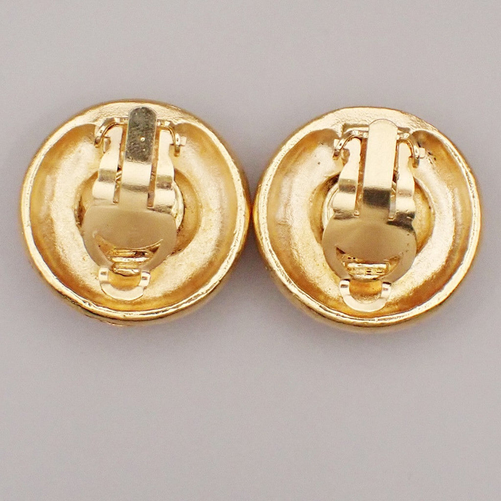Chanel Vintage Cc Logo Round Clip On Earrings Textured Metal Gold Gold_Plated Earrings Jewelry