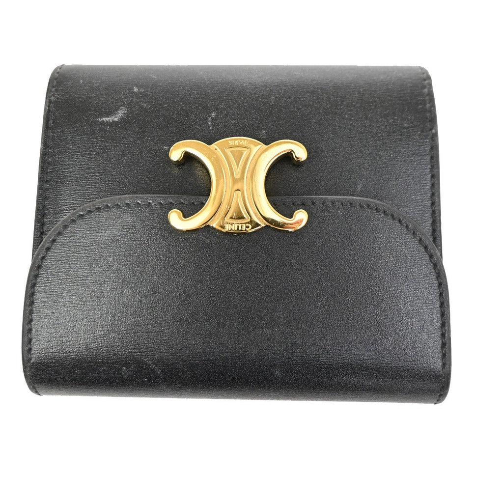 Celine Triomphe Trifold Wallet Leather Black Leather Wallets Accessory