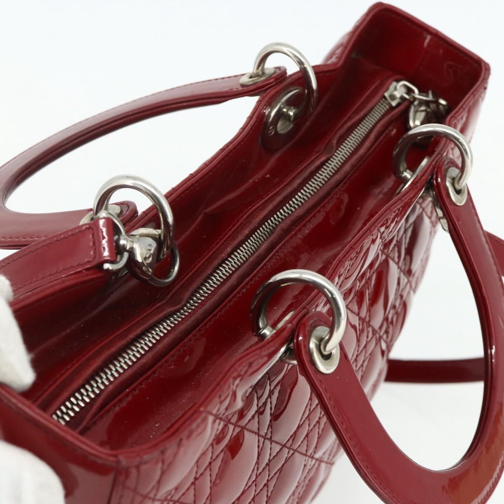Christian Dior Lady Dior Bag Cannage Quilt Patent Red Patent_Leather Handbag (Pre-Owned)