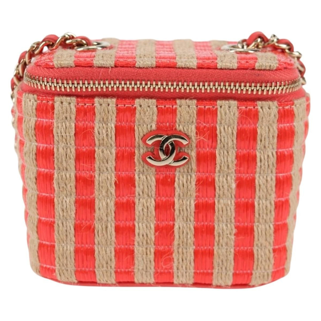 Chanel Classic Vanity Case With Chain Striped Raffia And Jute Red Canvas Shoulder Bag Bag