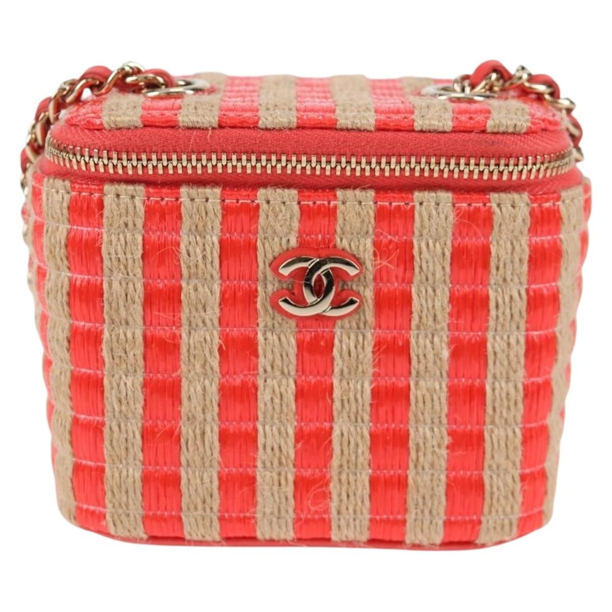 Chanel Classic Vanity Case With Chain Striped Raffia And Jute Red Canvas Shoulder Bag Bag