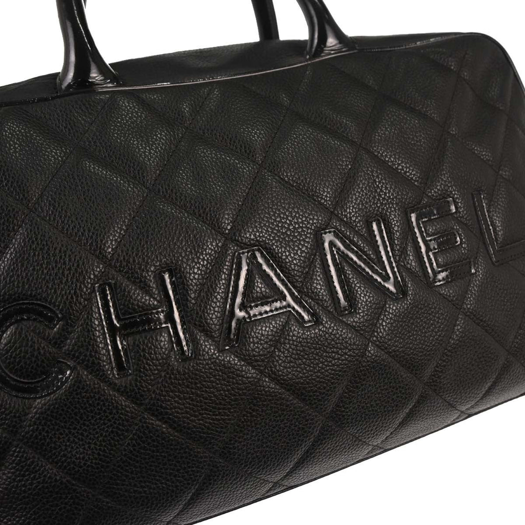 Chanel Embossed Logo Bowler Bag Quilted Caviar Black Leather Travel Bag Bag