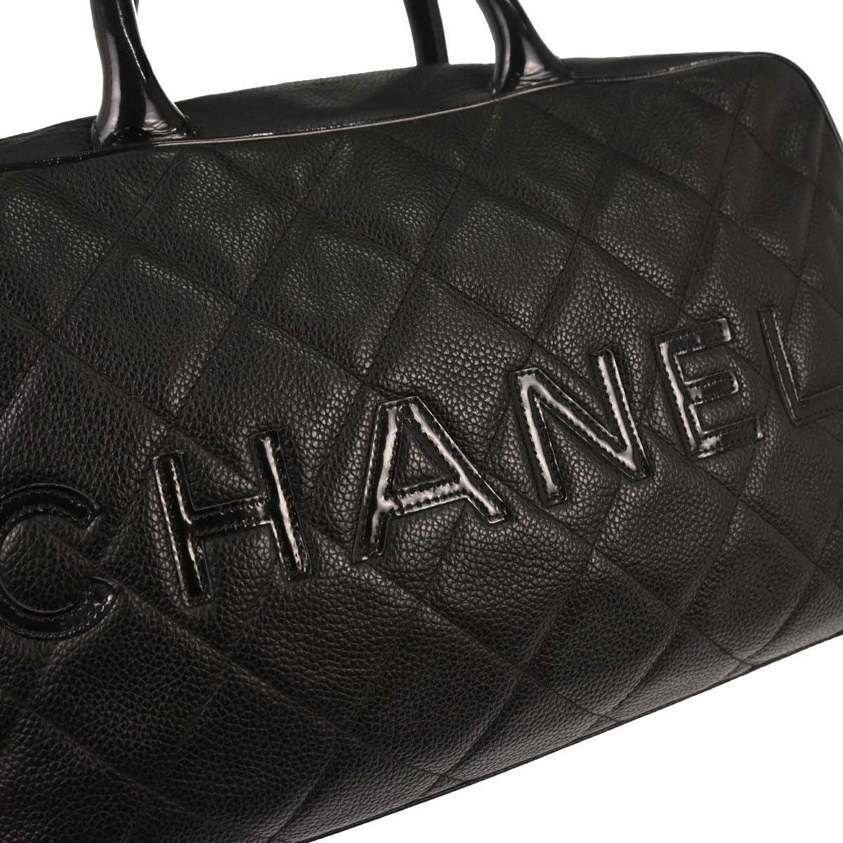 Chanel Embossed Logo Bowler Bag Quilted Caviar Black Leather Travel Bag Bag