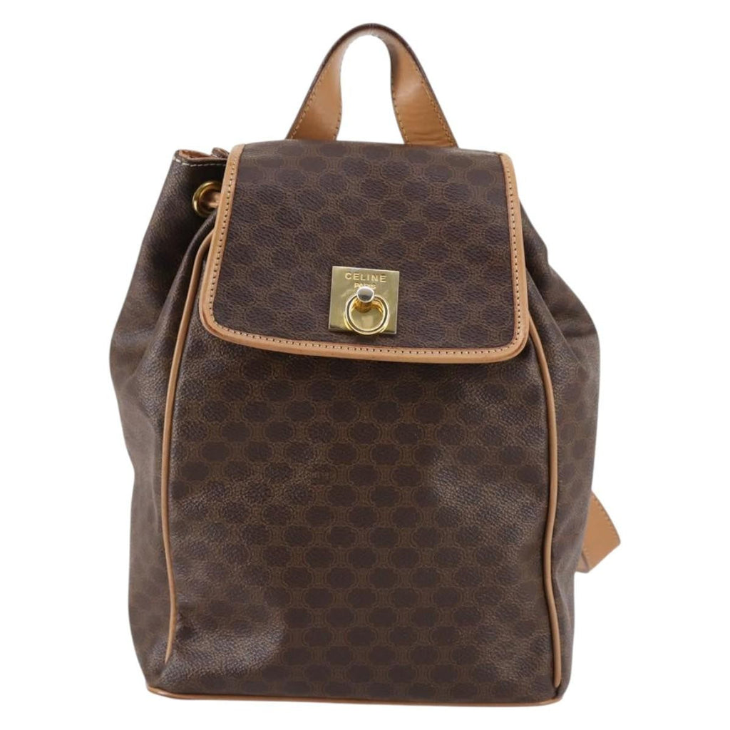 Celine Vintage Drawstring Flap Backpack Macadam Coated Canvas Brown Canvas Backpack Bag