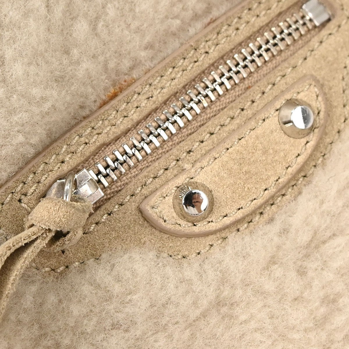 Balenciaga Papier B4 Zip Around Classic Studs Bag Shearling Beige Fur Hand