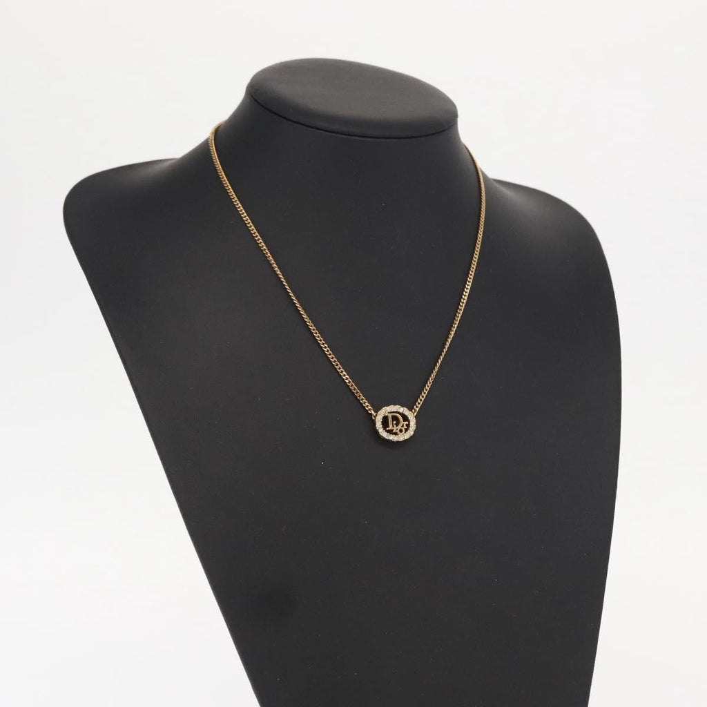Christian Dior Vintage Logo Round Pendant Necklace Metal And Crystals Gold Metal Necklace Jewelry (Pre-Owned)