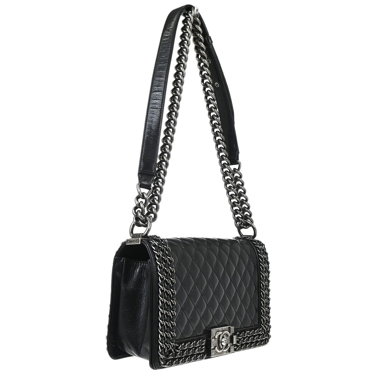 Chanel Boy Flap Bag Quilted Glazed Calfskin Black Leather Handbag