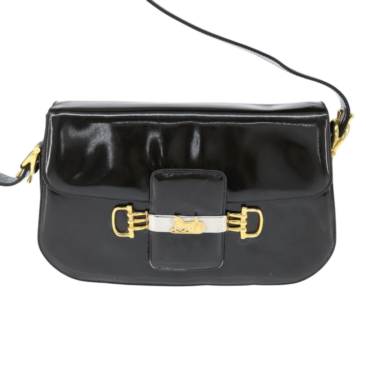 Celine Vintage Carriage Flap Clutch Leather Black Patent_Leather Shoulder Bag Bag