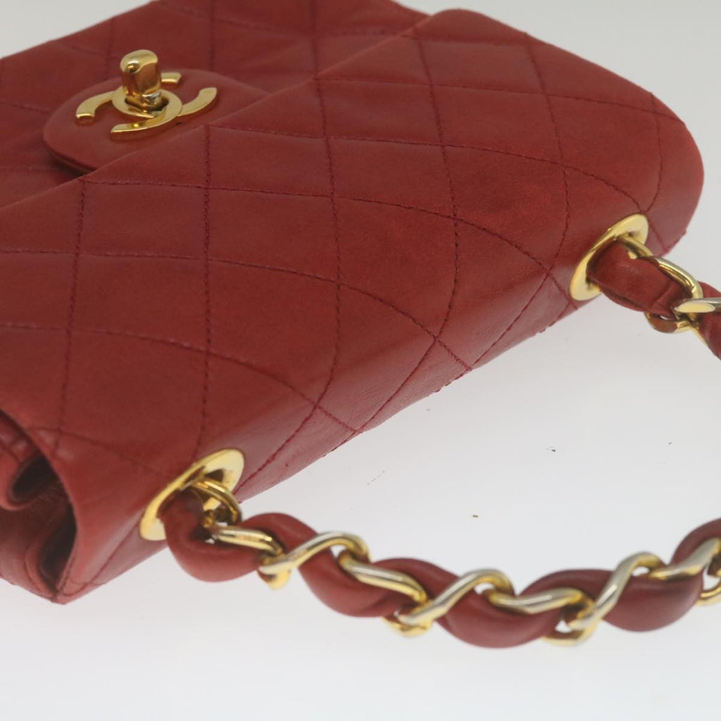 Chanel Vintage Square Chain Handle Flap Bag Quilted Lambskin Red Leather Handbag