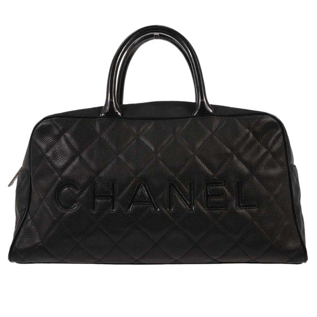 Chanel Embossed Logo Bowler Bag Quilted Caviar Black Leather Travel Bag Bag