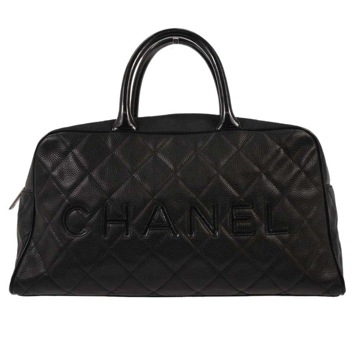 Chanel Embossed Logo Bowler Bag Quilted Caviar Black Leather Travel Bag Bag