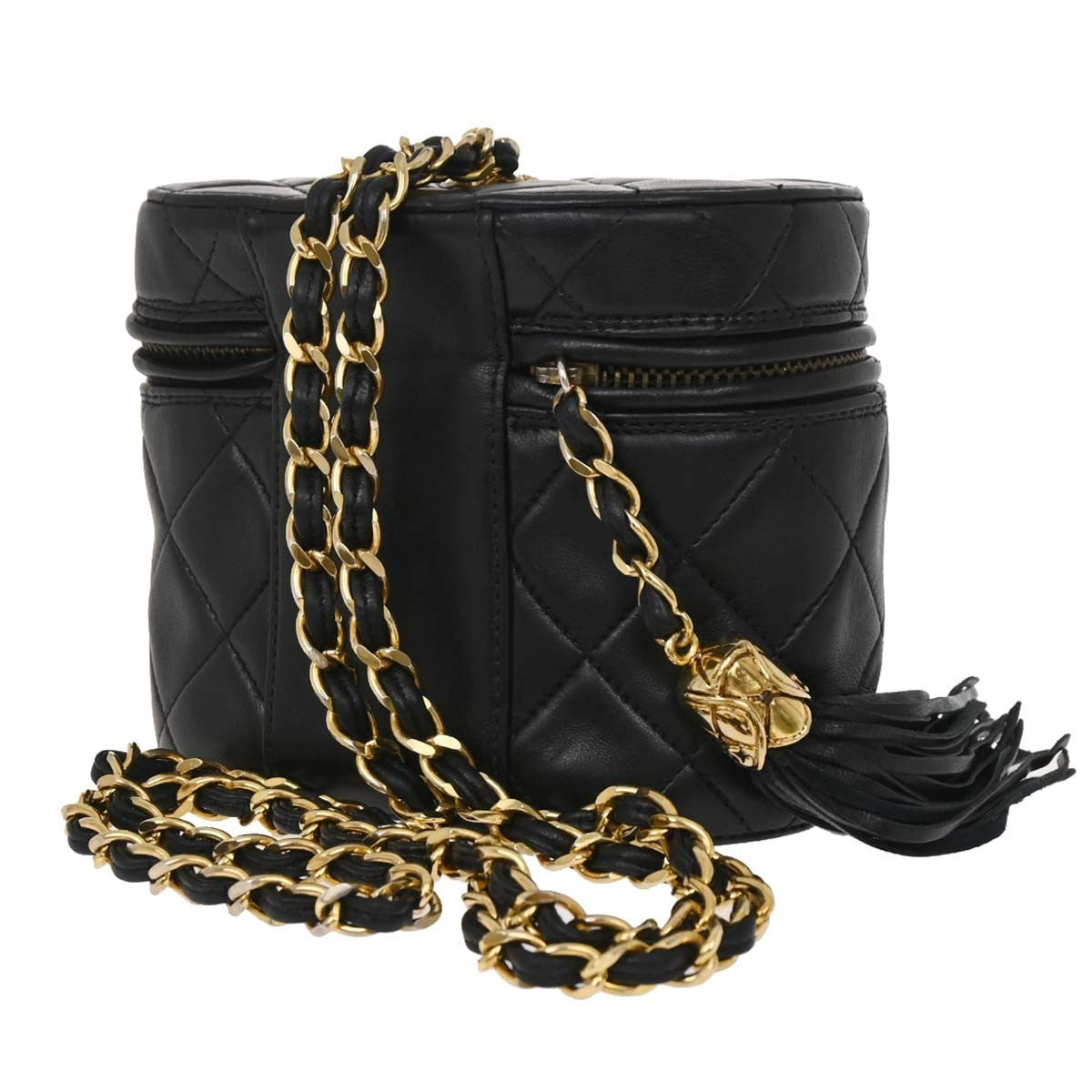 Chanel Vintage Box Zip Tassel Bag Quilted Lambskin Black Leather Shoulder Bag Bag