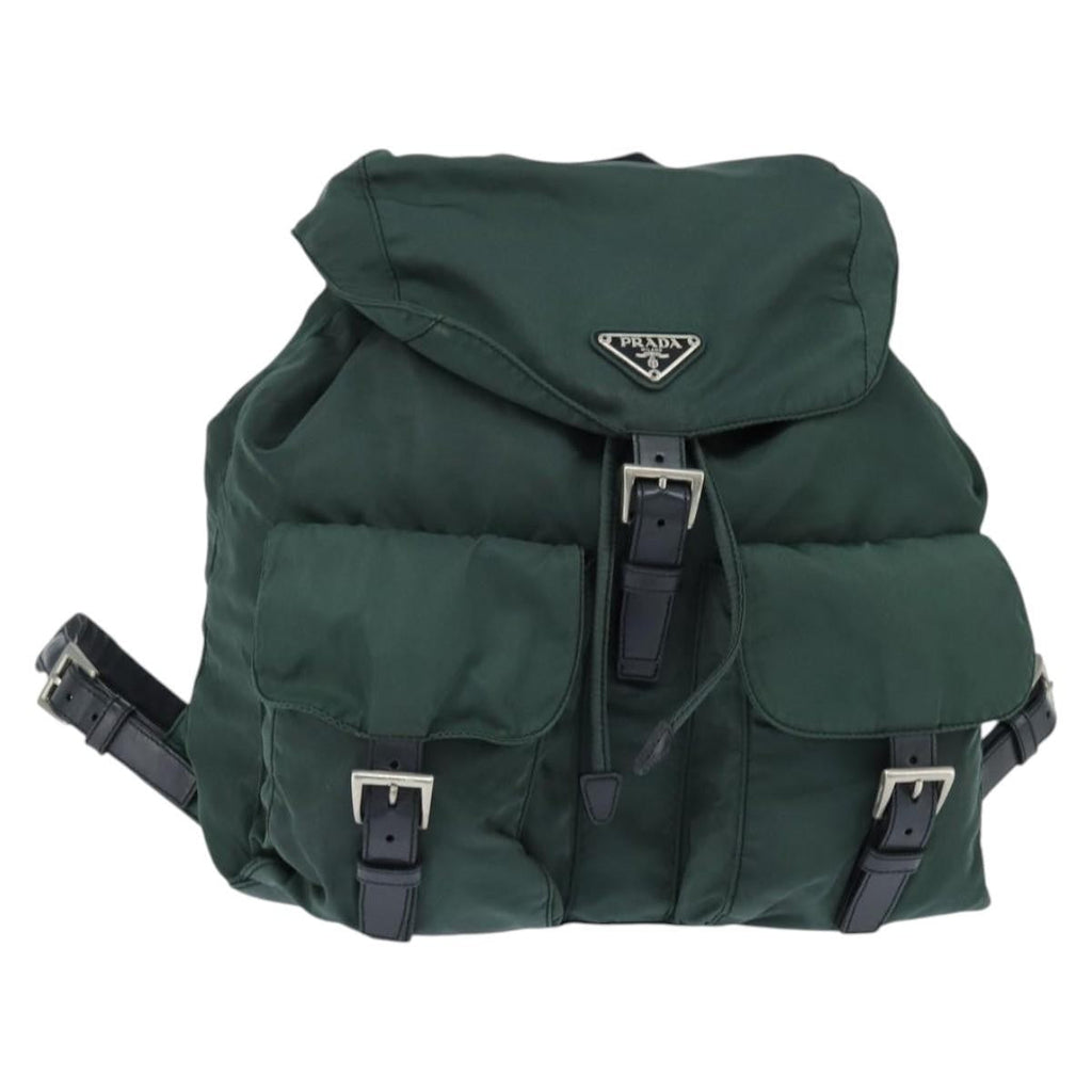 Prada Vela Double Front Pocket Backpack Tessuto With Saffiano Leather Khaki Nylon Backpack Bag