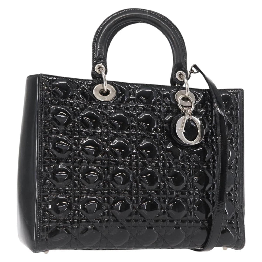 Christian Dior Lady Dior Bag Cannage Quilt Patent Black Patent_Leather Handbag (Pre-Owned)