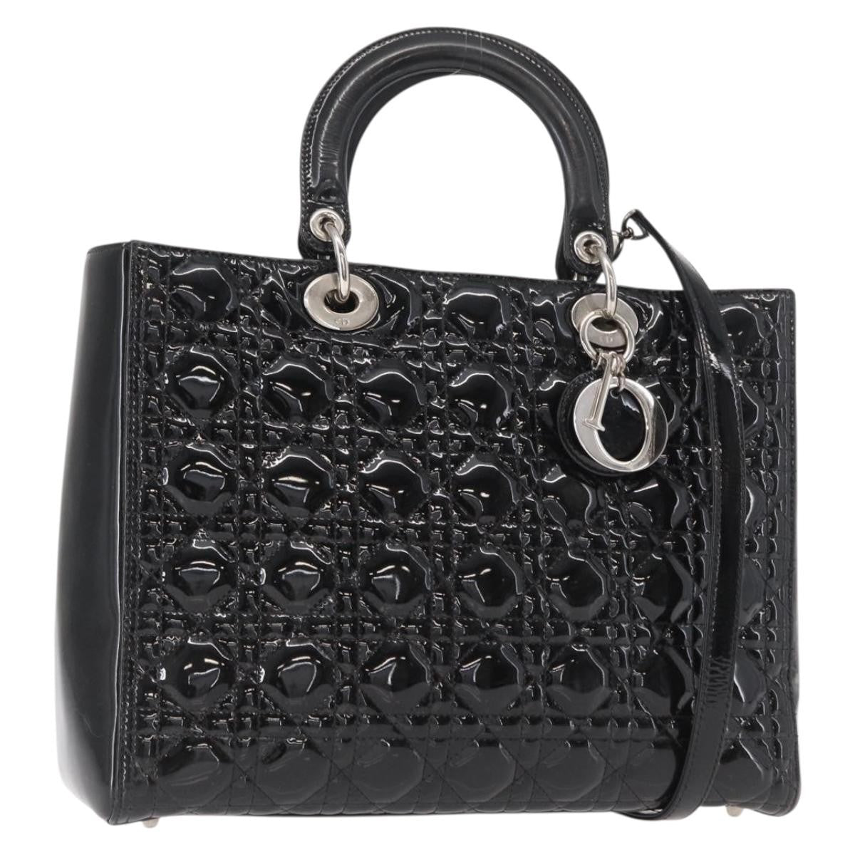 Christian Dior Lady Dior Bag Cannage Quilt Patent Black Patent_Leather Handbag (Pre-Owned)