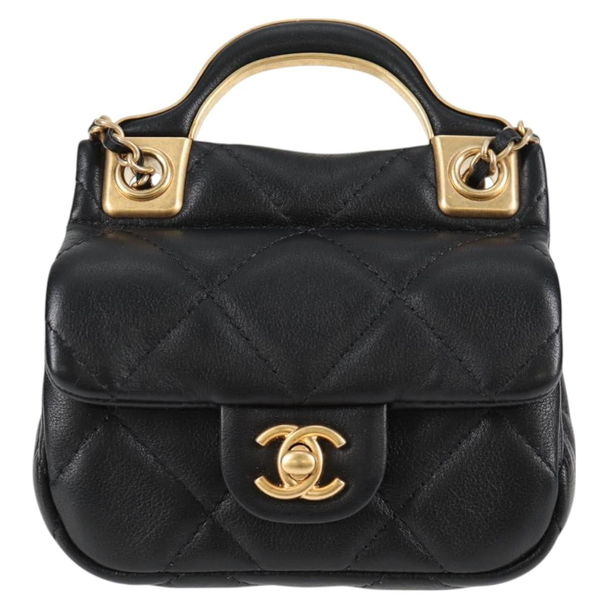 Chanel Lady Handle Flap Card Holder On Chain Quilted Calfskin Black Leather Bag