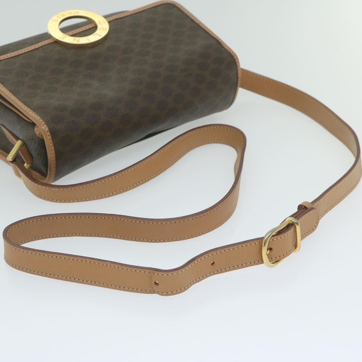 Celine Vintage Macadam Circle Logo Shoulder Bag Canvas And Leather Brown Canvas Shoulder Bag Bag