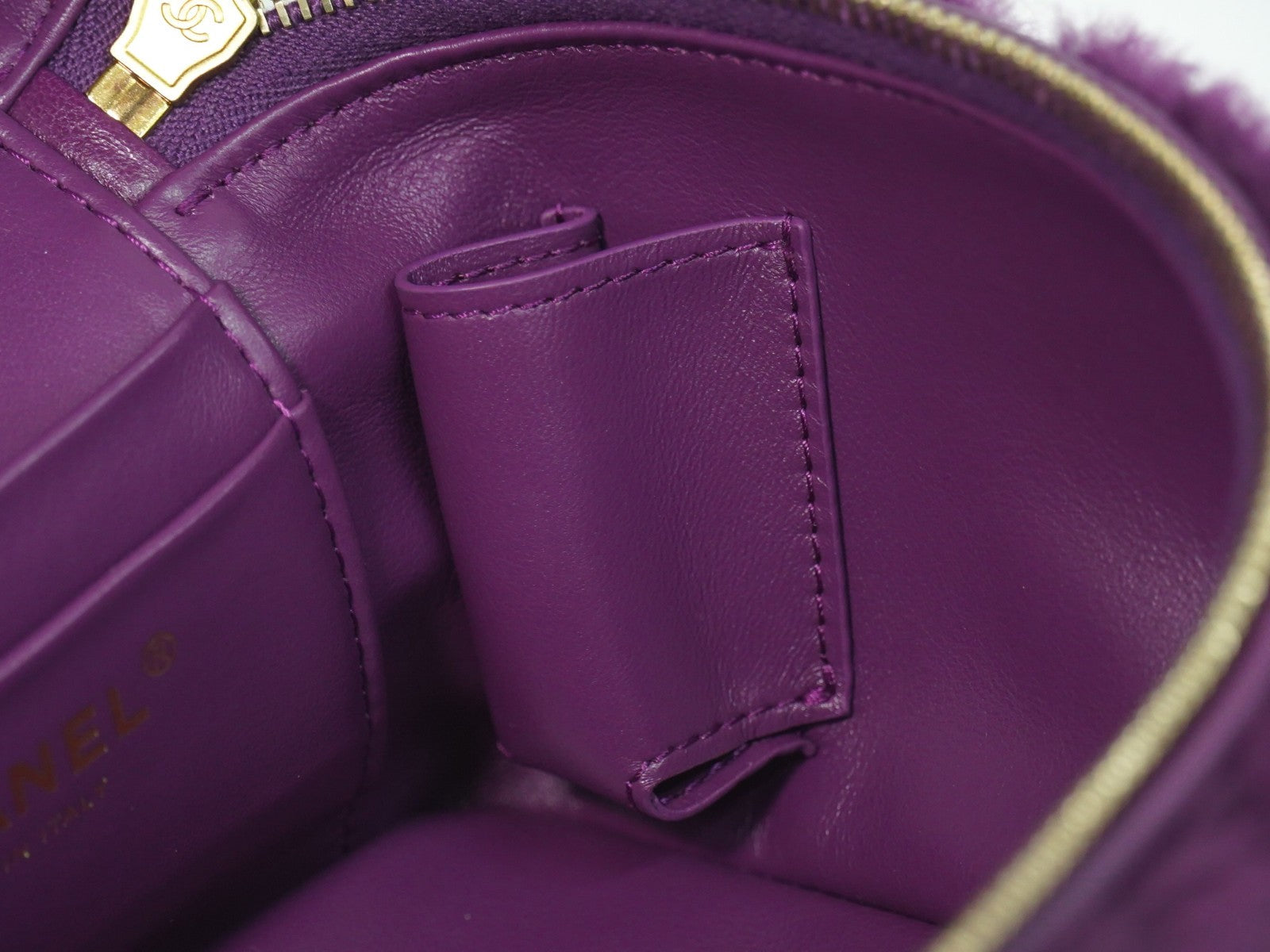 Chanel Coconing Top Handle Vanity Case With Chain Quilted Shearling Purple Faux_Fur Clutche & Pouche Bag