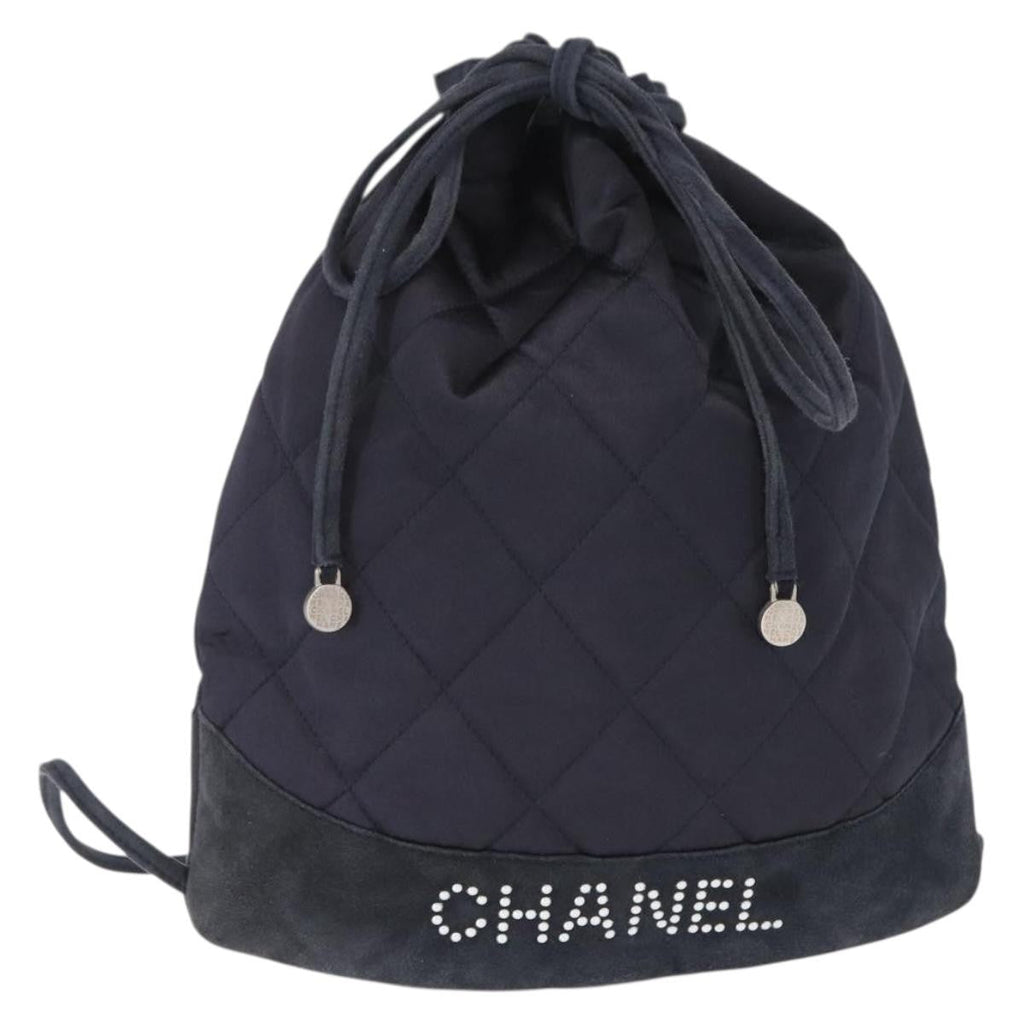Chanel Vintage Drawstring Backpack Quilted Satin With Suede Navy Satin Backpack Bag