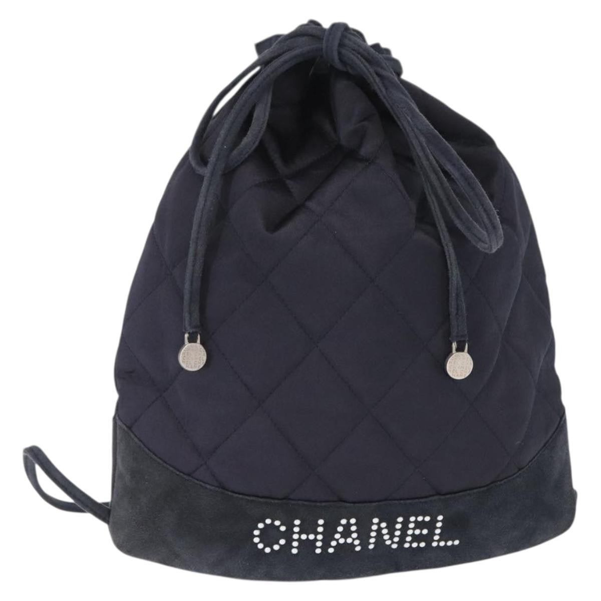 Chanel Vintage Drawstring Backpack Quilted Satin With Suede Navy Satin Backpack Bag