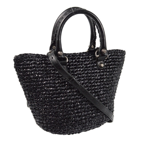 Balenciaga Le Cagole Panier Raffia With Leather Black Leather Tote Bag