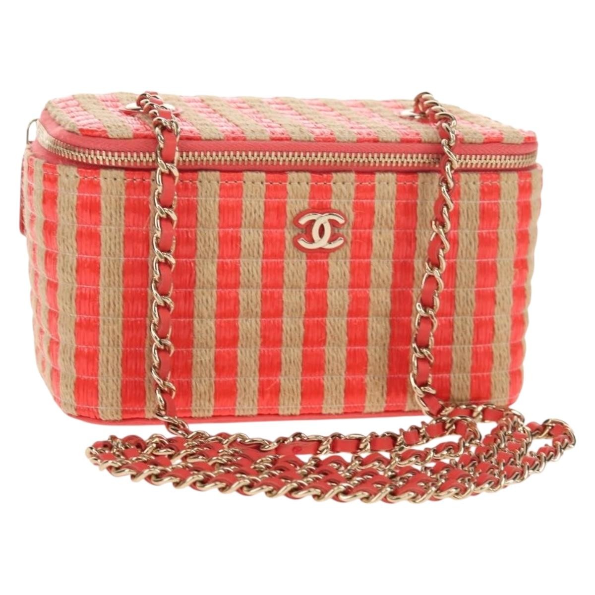 Chanel Classic Vanity Case With Chain Striped Raffia And Jute Beige Canvas Clutche & Pouche Bag