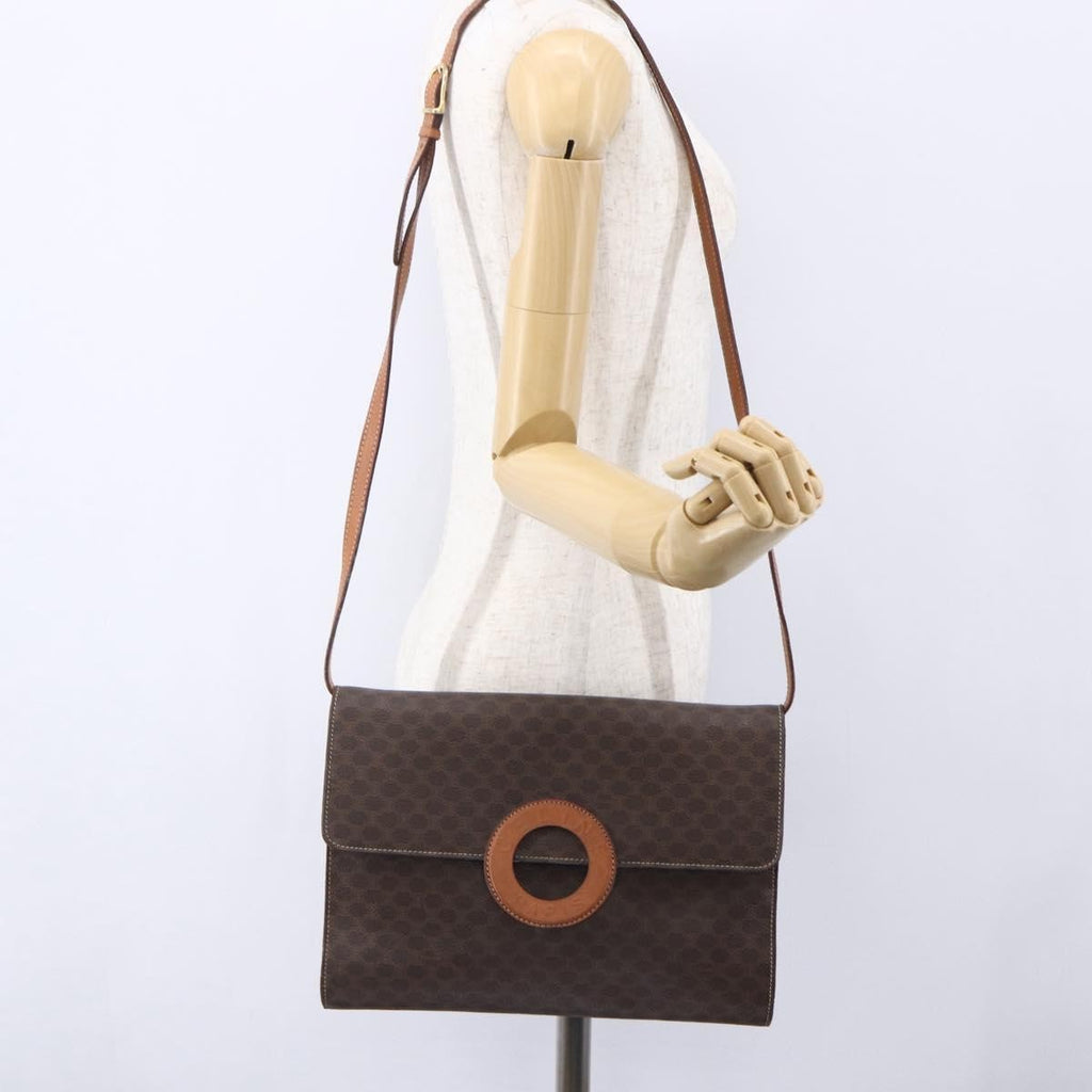 Celine Vintage Macadam Circle Logo Shoulder Bag Canvas And Leather Brown Canvas Shoulder Bag Bag