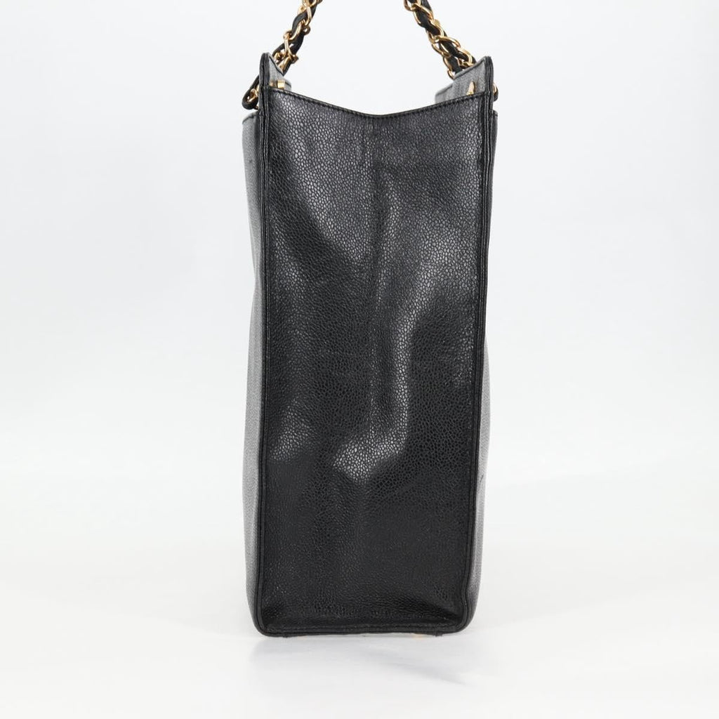 Chanel Vintage Cc Lock Pocket Chain Tote Caviar Black Leather Tote Bag Bag