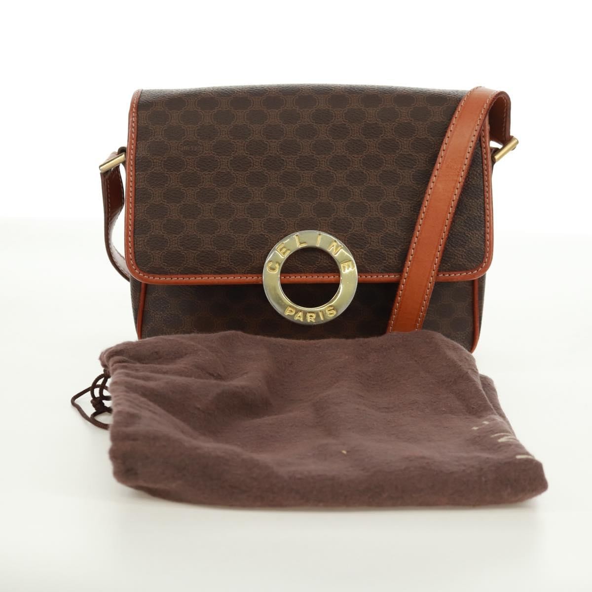 Celine Vintage Macadam Circle Logo Shoulder Bag Canvas And Leather Brown Canvas Shoulder Bag Bag