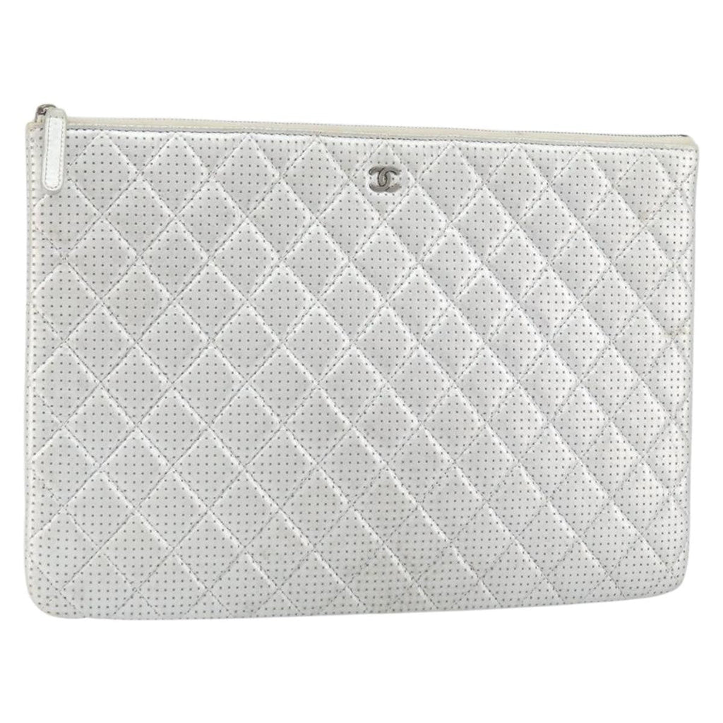 Chanel O Case Clutch Quilted Perforated Lambskin Silver Leather Clutche & Pouche Bag