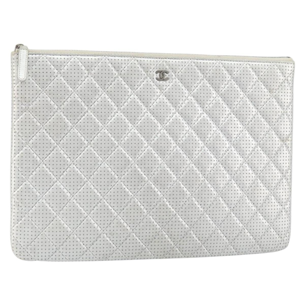 Chanel O Case Clutch Quilted Perforated Lambskin Silver Leather Clutche & Pouche Bag