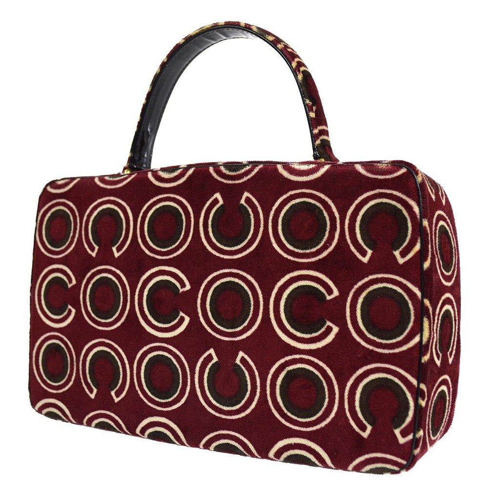 Chanel Cc Top Handle Bag Coco Print Velvet Burgundy Velvet Handbag