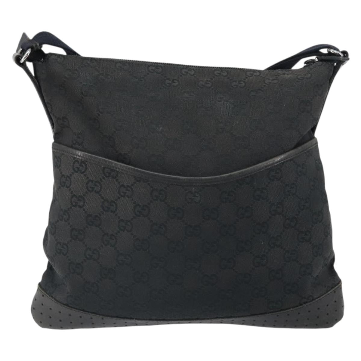 Gucci Zip Messenger Bag Gg Canvas With Perforated Leather Black Canvas Shoulder Bag Bag (Pre-Owned)