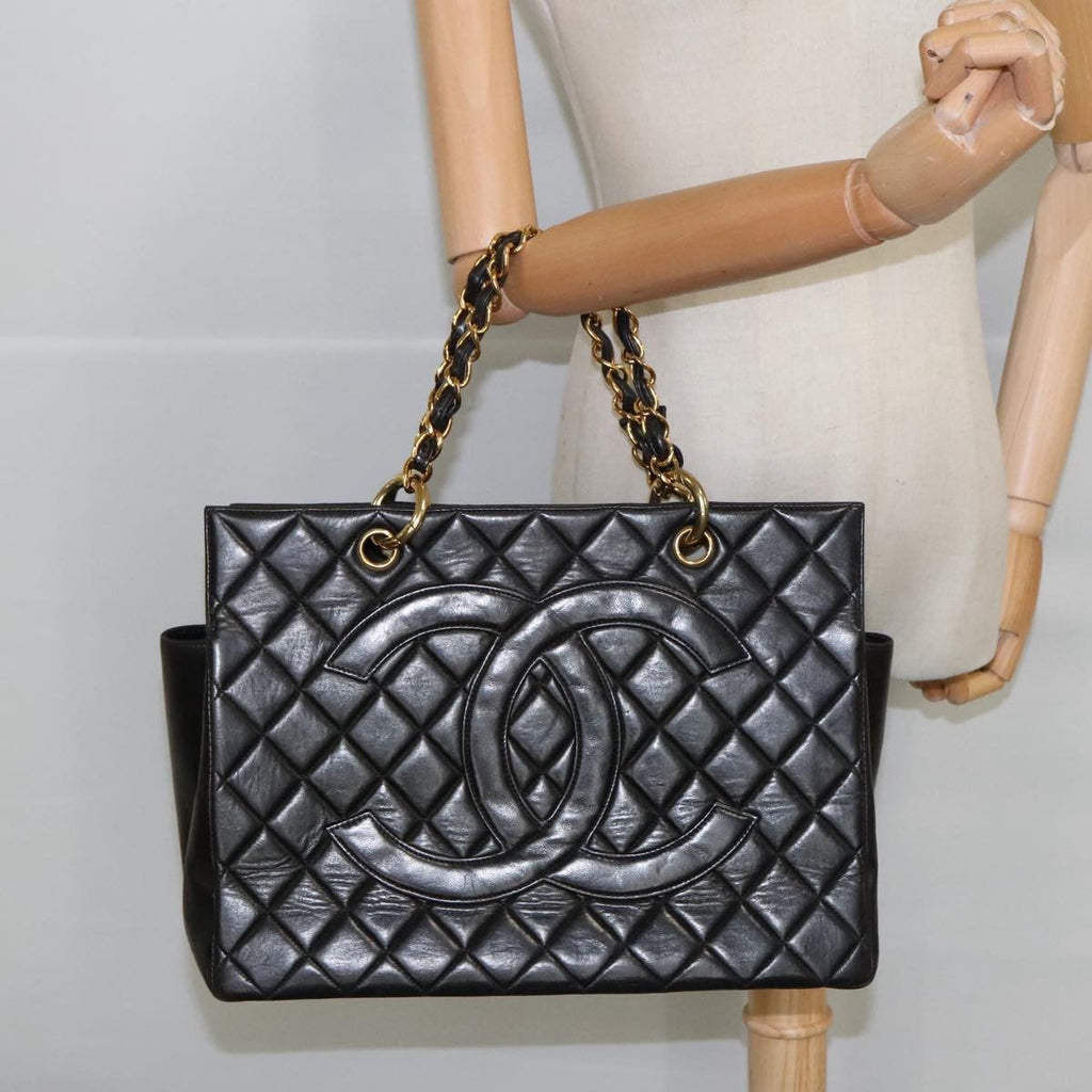 Chanel Vintage Grand Shopping Tote Quilted Lambskin Black Leather Tote Bag Bag