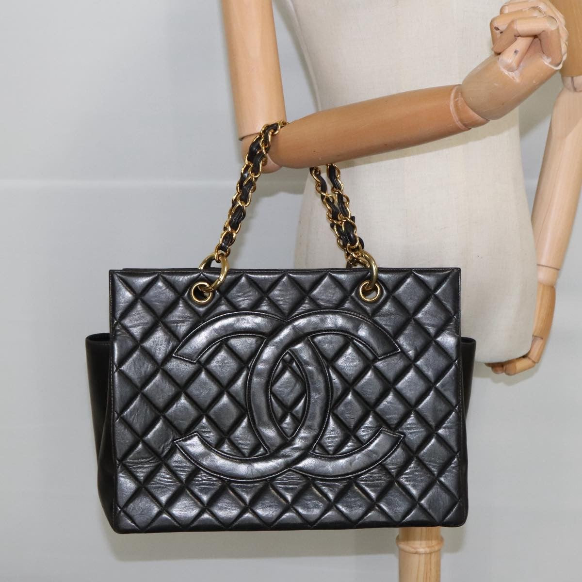 Chanel Vintage Grand Shopping Tote Quilted Lambskin Black Leather Tote Bag Bag