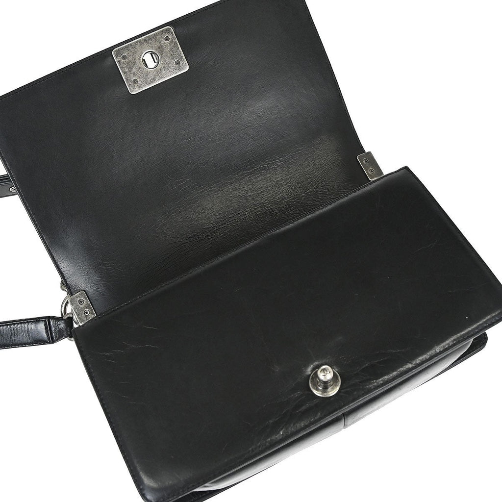 Chanel Boy Flap Bag Quilted Glazed Calfskin Black Leather Handbag