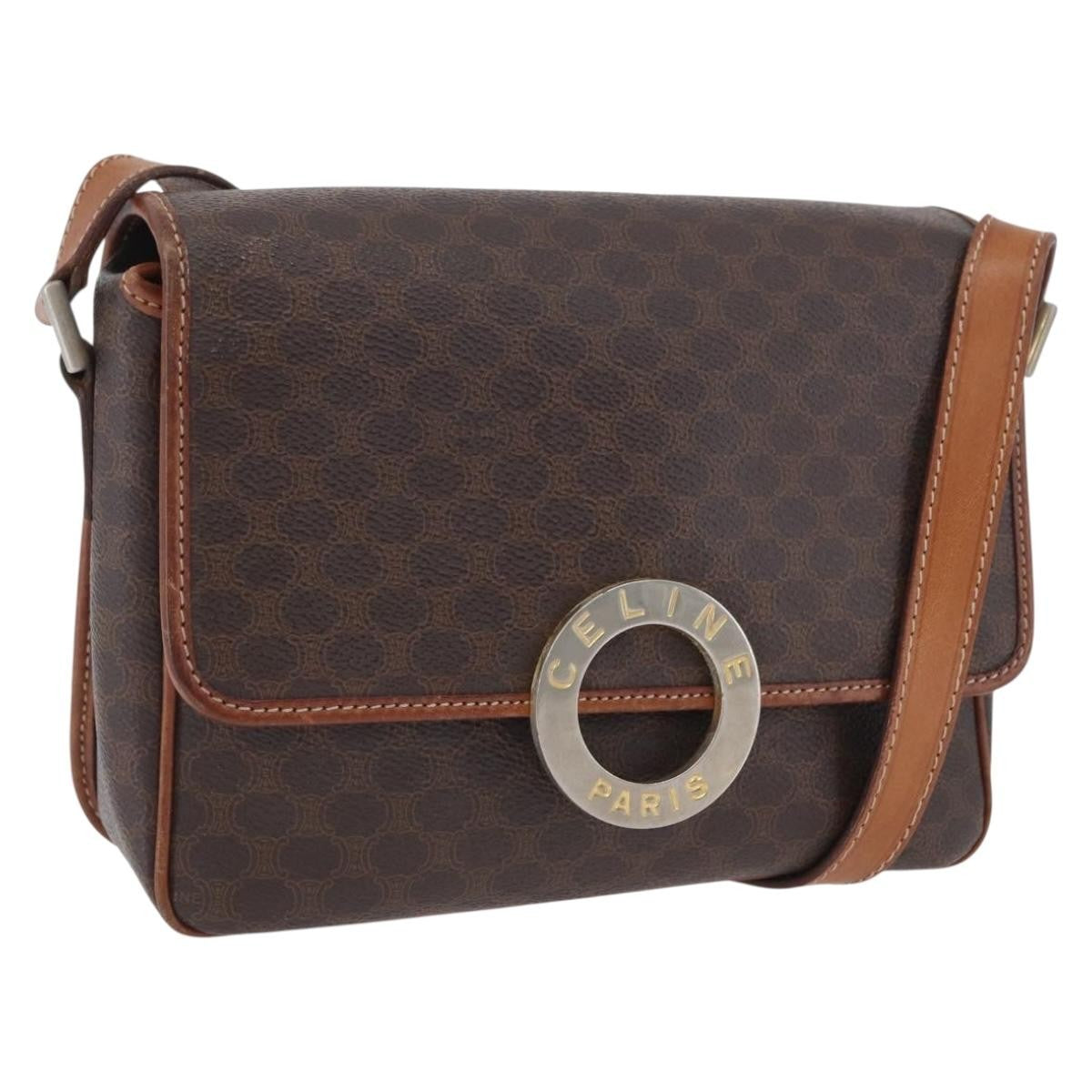 Celine Vintage Macadam Circle Logo Shoulder Bag Canvas And Leather Brown Canvas Shoulder Bag Bag