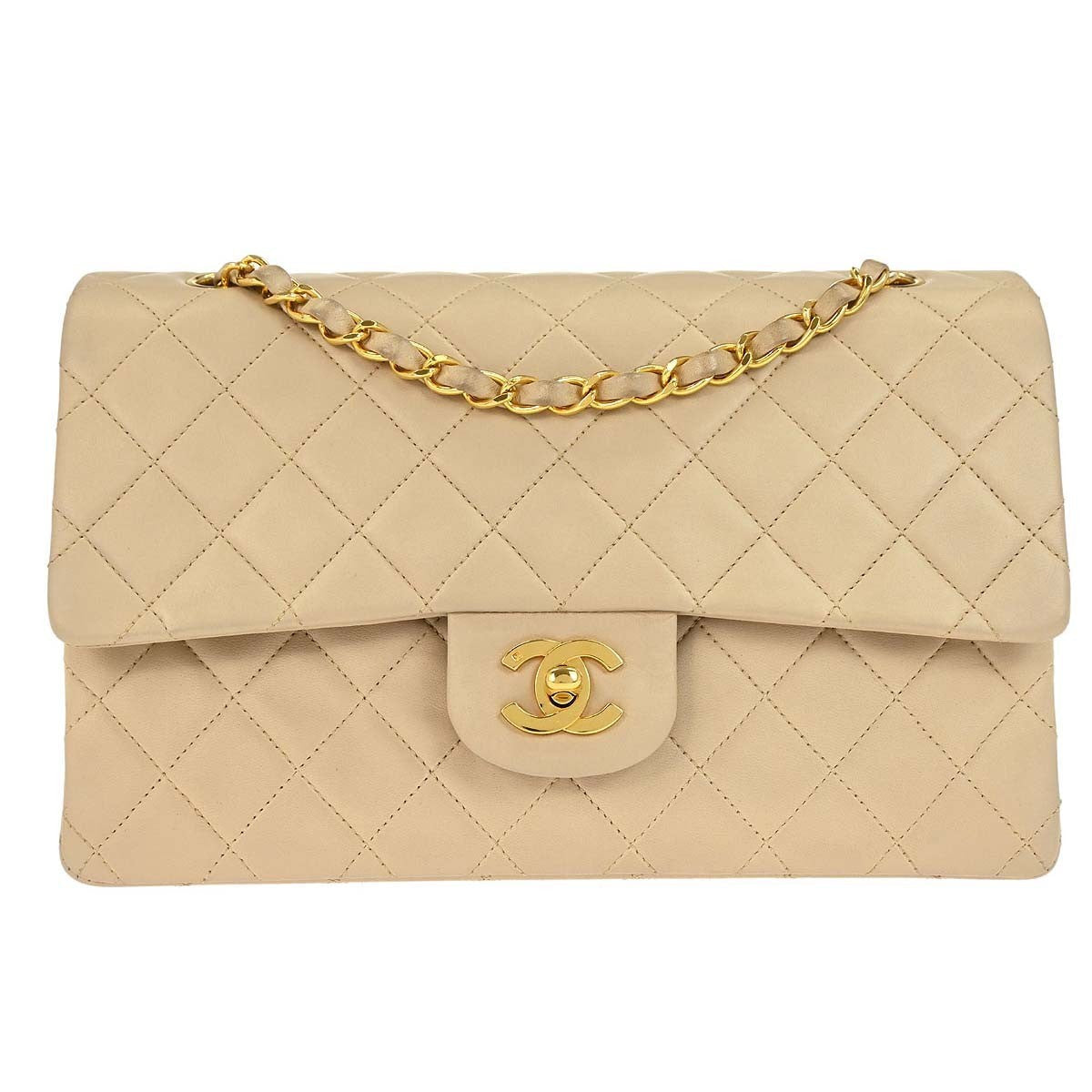 Chanel Vintage Classic Double Flap Bag Quilted Lambskin Beige Leather Shoulder Bag Bag