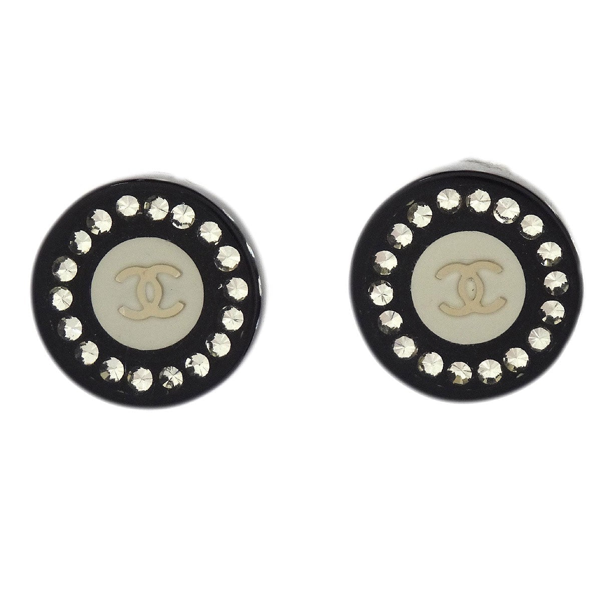 Chanel Vintage Cc Round Button Clip-On Earrings Metal Black Plastic Earrings Jewelry