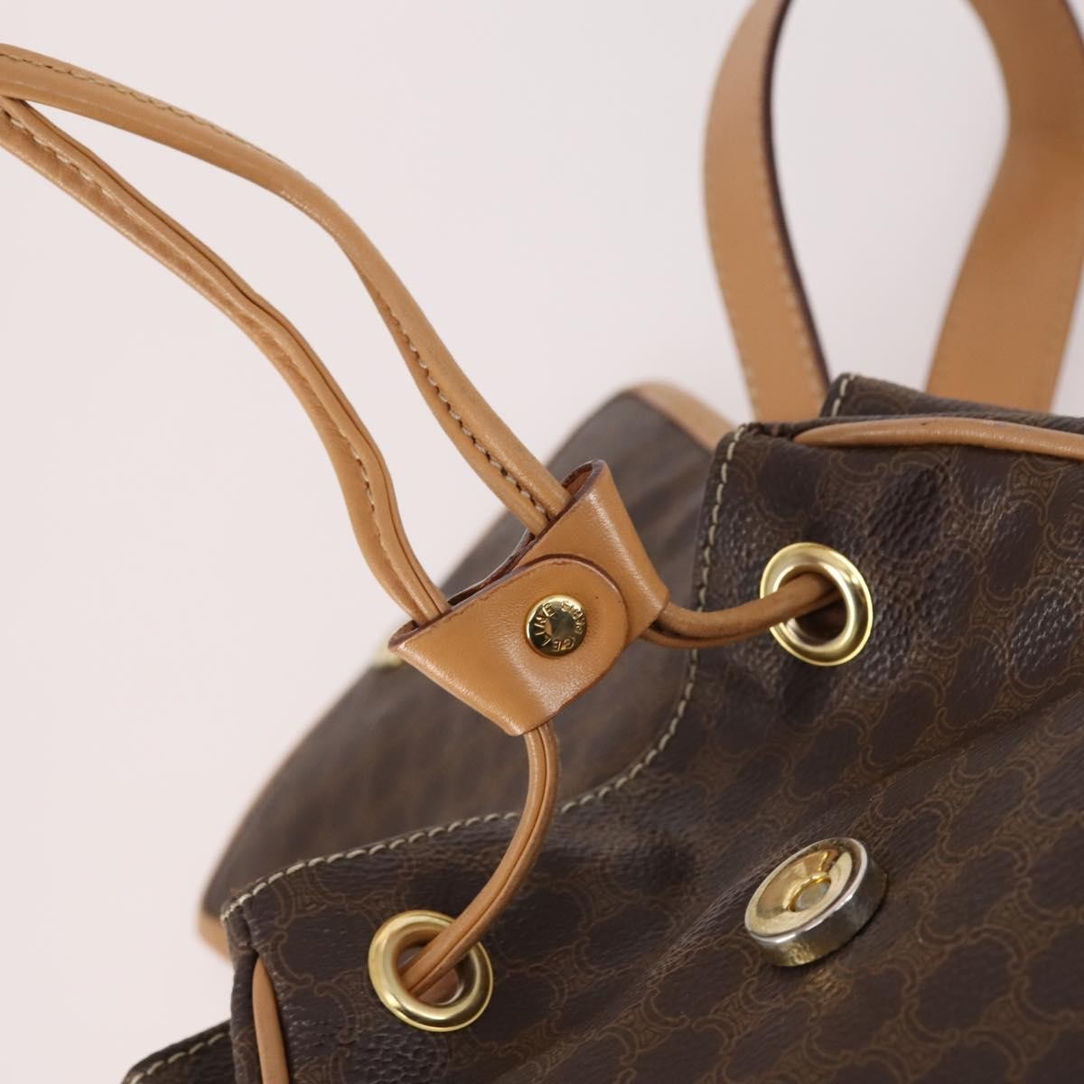Celine Vintage Drawstring Flap Backpack Macadam Coated Canvas Brown Canvas Backpack Bag