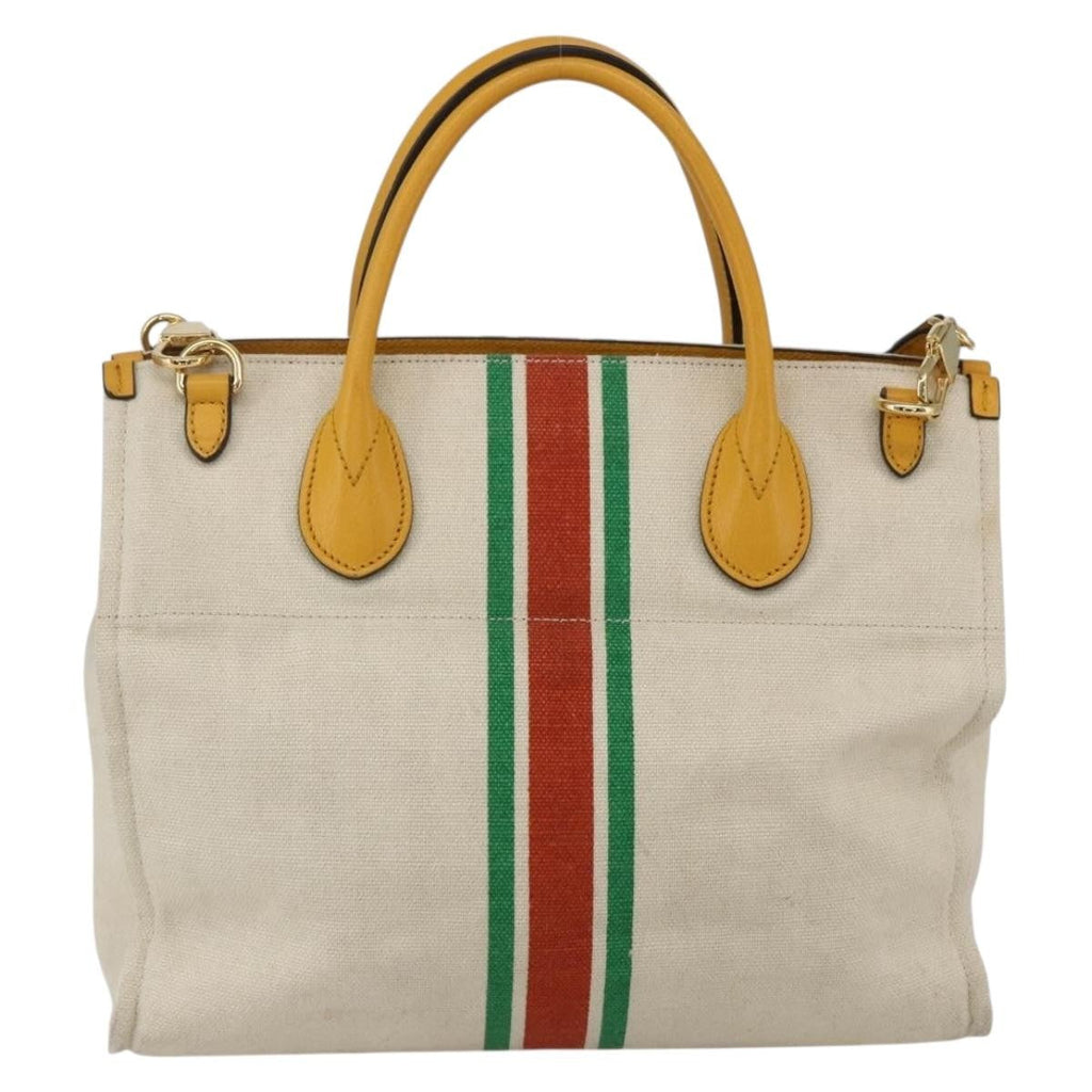 Gucci Foldable Web Tote Canvas With Leather Beige Canvas Tote Bag Bag (Pre-Owned)