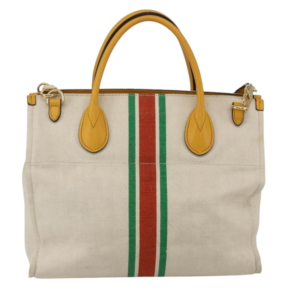 Gucci Foldable Web Tote Canvas With Leather Beige Canvas Tote Bag Bag (Pre-Owned)