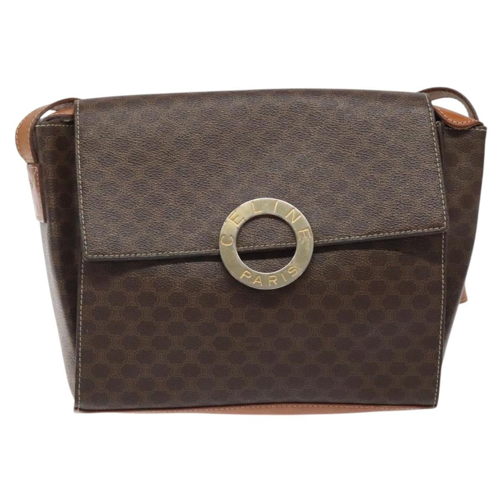 Celine Vintage Macadam Circle Logo Shoulder Bag Canvas And Leather Brown Canvas Shoulder Bag Bag