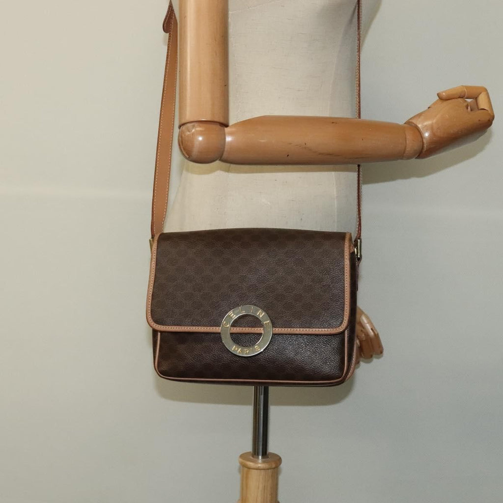 Celine Vintage Macadam Circle Logo Shoulder Bag Canvas And Leather Brown Pvc,Canvas Shoulder Bag Bag