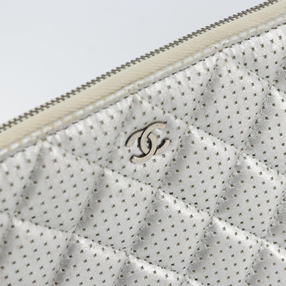 Chanel O Case Clutch Quilted Perforated Lambskin Silver Leather Clutche & Pouche Bag