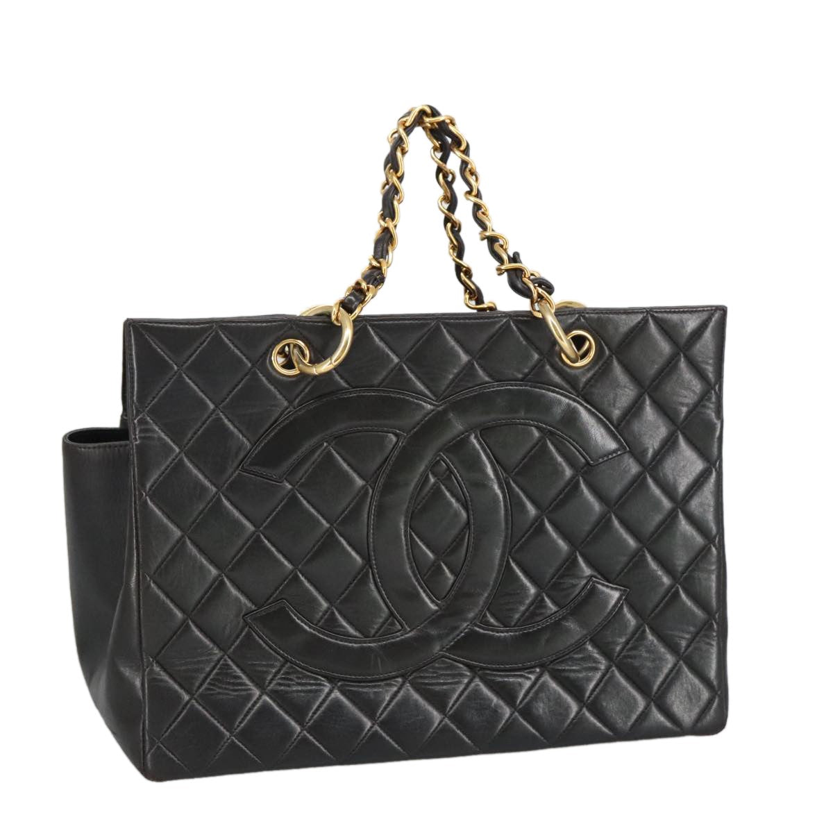 Chanel Vintage Grand Shopping Tote Quilted Lambskin Black Leather Tote Bag Bag