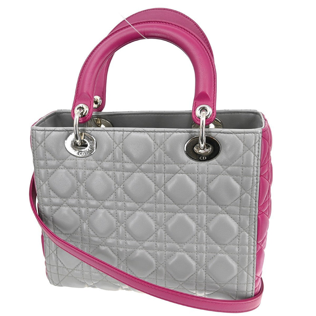 Christian Dior Lady Dior Bag Cannage Quilt Lambskin Gray Leather Handbag (Pre-Owned)
